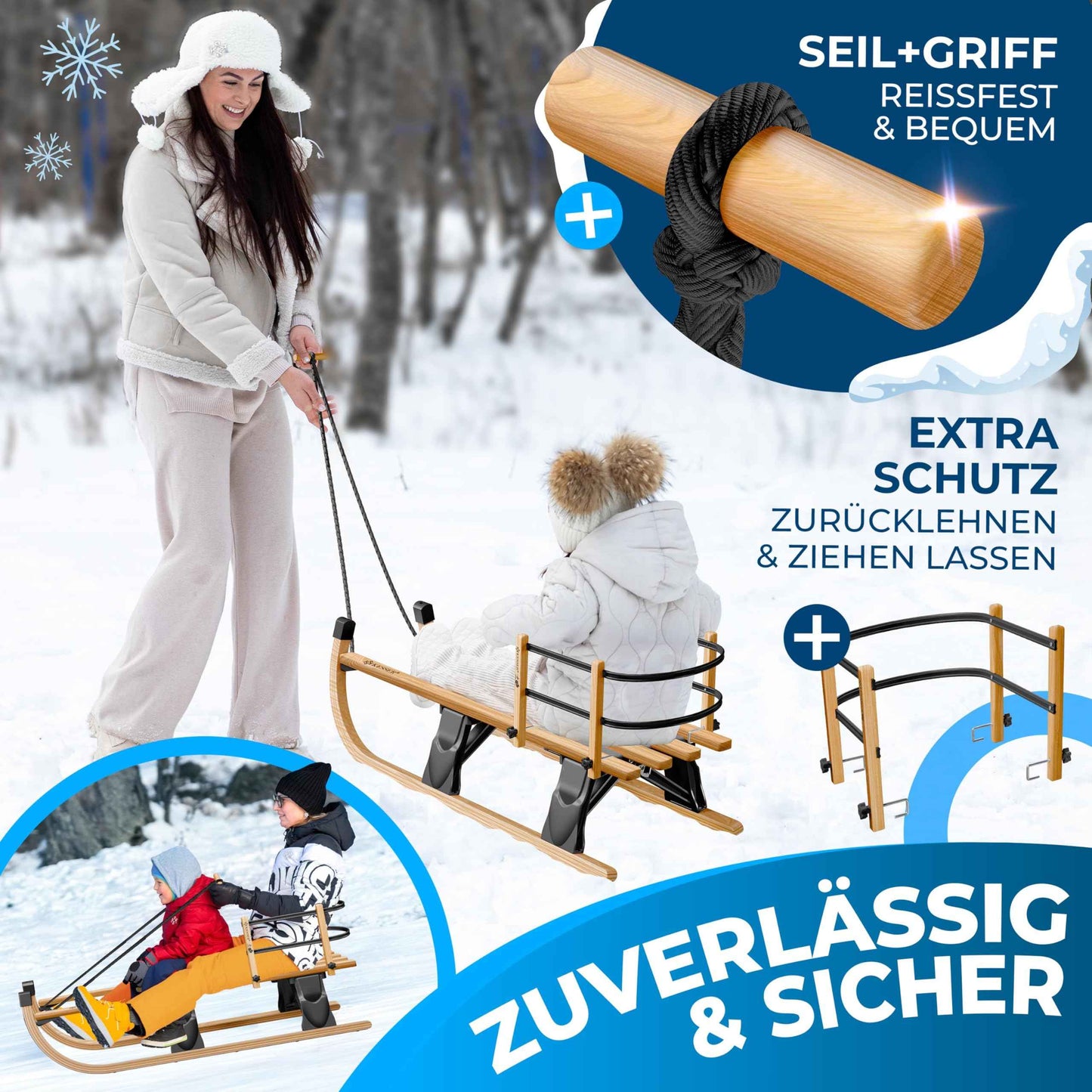 KESSER® Wooden Sledge Premium Children's Folding Sledge Made of Beech Wood Including Pull Rope Slider Metal Runners