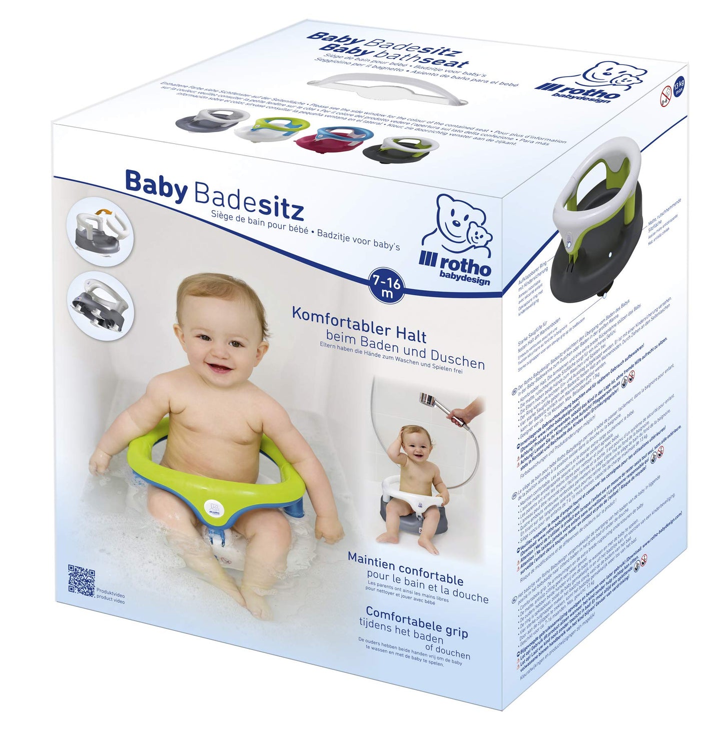 Rotho Babydesign Badewannensitz 3-farbig mit grauem Boden - Rutschfeste und hoher Sitzkomfort mit Kindersicherung - Sitzhilfe - Badesitz