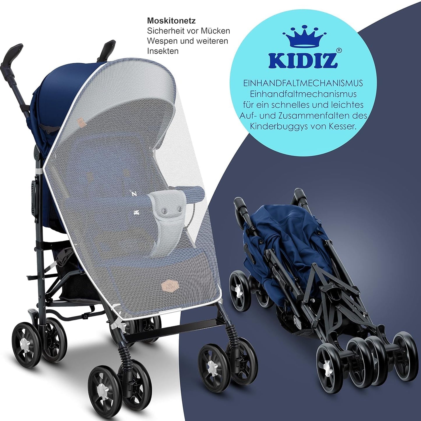 KIDIZ® City-Pro Pushchair Folding Pushchair Pushchair Sports Pushchair Foldable 360° 6 Inch Wheels Includes Mosquito Net, Footmuff and Rain Cover Foldable Sleep Function Blue 