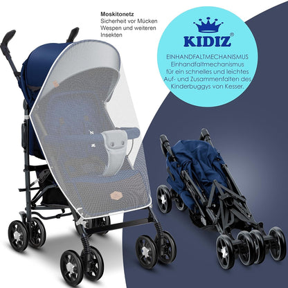 KIDIZ® City-Pro Pushchair Folding Pushchair Pushchair Sports Pushchair Foldable 360° 6 Inch Wheels Includes Mosquito Net, Footmuff and Rain Cover Foldable Sleep Function Blue 