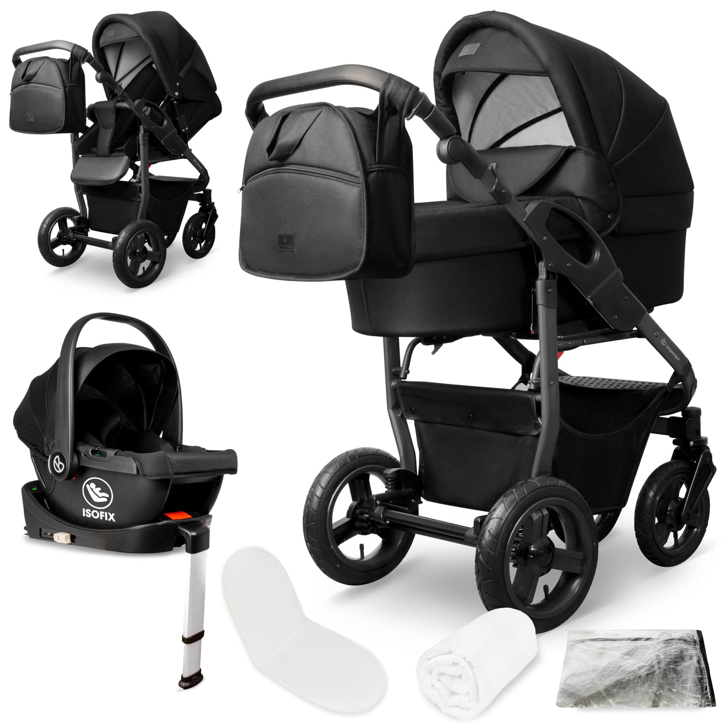 Bergsteiger Capri 3-in-1 Combination Pushchair - Baby Carrier, Sports Seat & i-Size Baby Seat, Pneumatic Tyres, Suspension, Height-Adjustable Handle, Foldable, Accessories