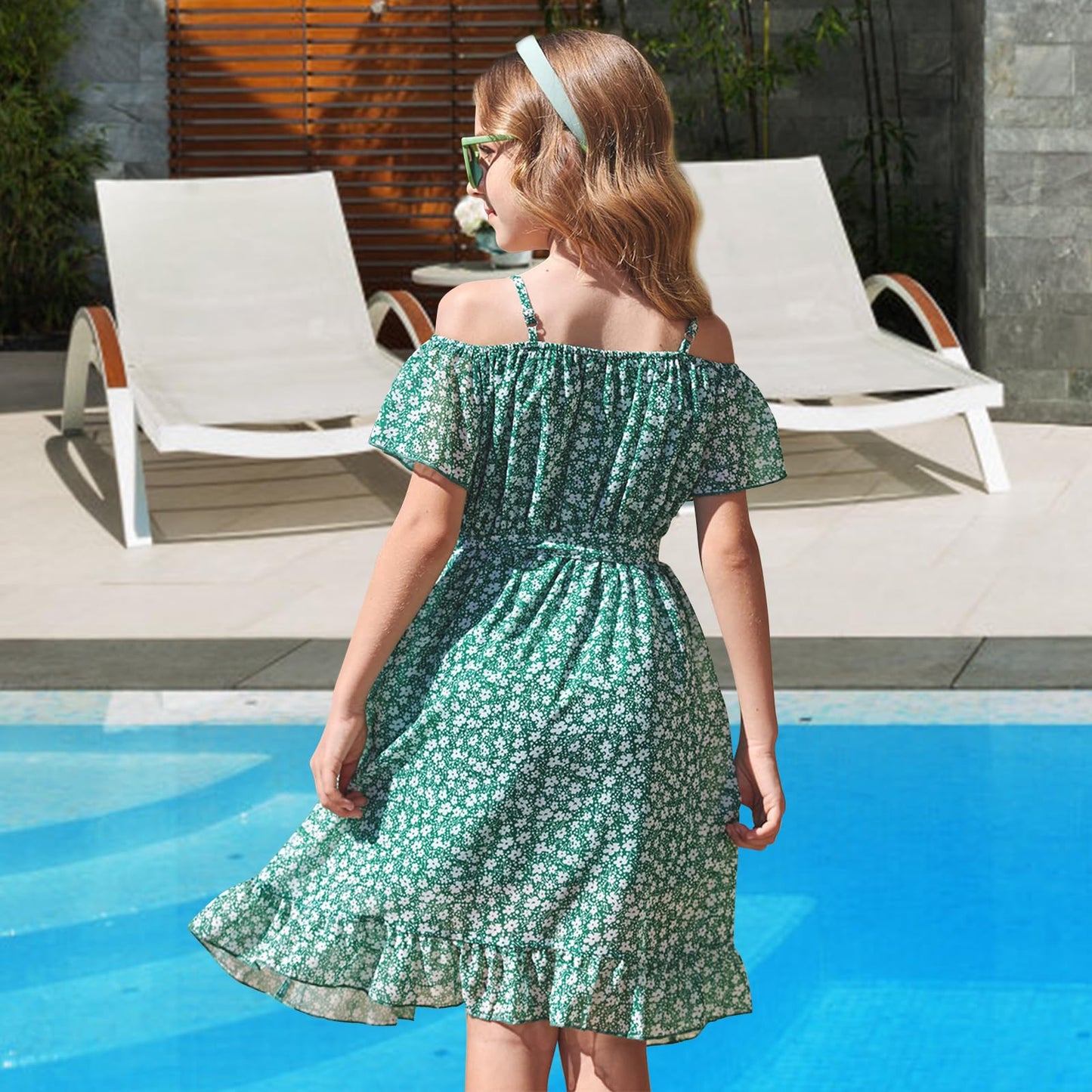 cenozo Casual Dresses for Girls, Chiffon Floral Dress, Off-the-Shoulder Summer Dress with Adjustable Straps, Leisure with Ruffle Sleeves, for Girls Aged 6 to 14 Years