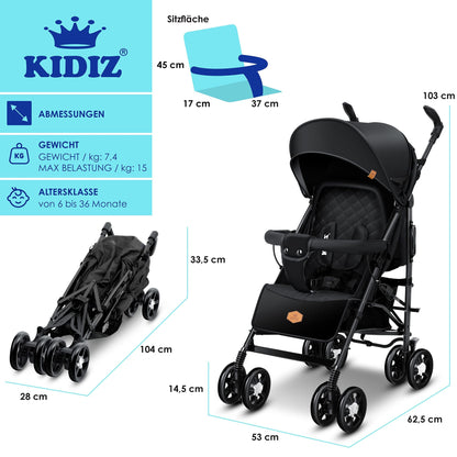 KIDIZ® City-Pro Pushchair Folding Pushchair Pushchair Sports Pushchair Foldable 360° 6 Inch Wheels Includes Mosquito Net, Footmuff and Rain Cover Foldable Sleep Function Blue 