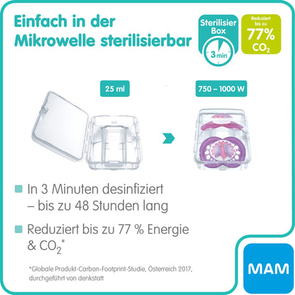 MAM Original Schnuller im 2er-Set, zahnfreundlicher Baby Schnuller aus nachhaltigen & bio-erneuerbaren Materialien, Sauger aus MAM SkinSoft Silikon, mit Schnullerbox, 6-16 Monate, rosa/lila