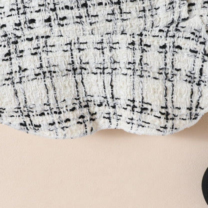 UUAISSO Kleinkind Baby Mädchen Kleidung Langarm Gerippte Oberteile Plaid Tweed Muster Rock Baskenmütze Herbst Knopf Outfits Sets