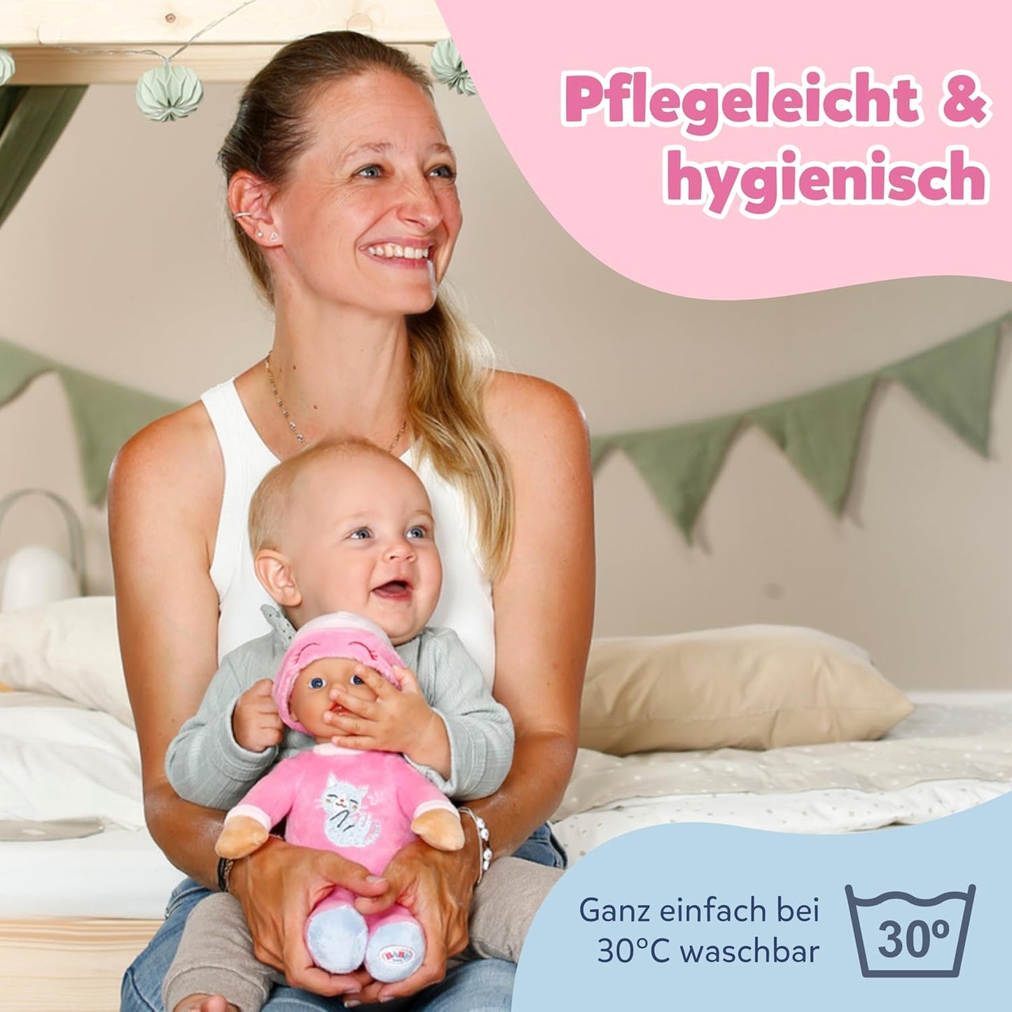 BABY born for Babies Sleepy Pink - weiche 30 cm Puppe - Mit pinkem Körper & integrierter Rassel - Stoffpuppe inkl. festem Mützchen - Geeignet für Neugeborene