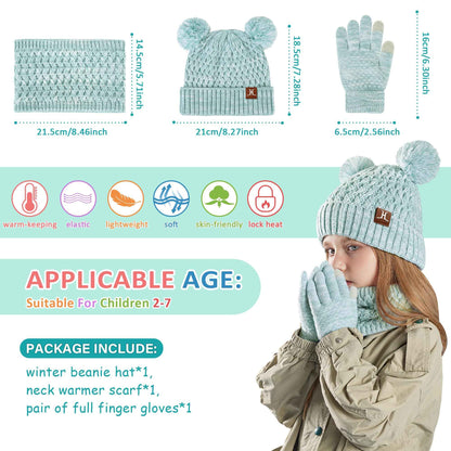 Children's Winter Hat Loop Scarf Touchscreen Gloves Set 2 3 4 5 6 7 Years Toddler Winter Hat Beanie Tube Scarf Knitted Pom Hats Gift Girls Boys