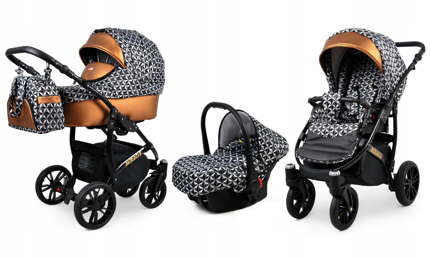 BabyLux Miracle 2-in-1 Baby Pushchair Deep and Pushchair with Accessories Adjustable and Foldable Aluminium Construction Waterproof Non-Removable Wheels Gold Leaf