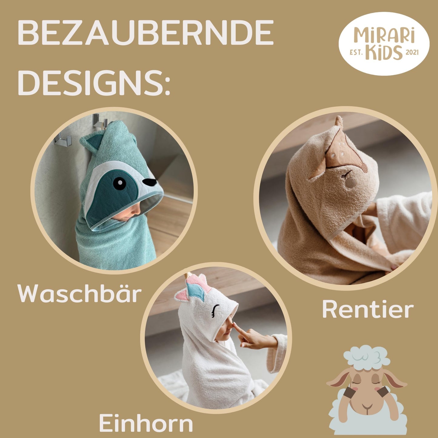 MIRARI Kids Babyhandtuch mit Kapuze und Waschlappen 100x100 cm – Handtuch Rentier aus 100% Baumwolle - REH Badetuch mit Kapuze - Geschenk Geburt - Baby Erstausstattung Neugeborenen Set