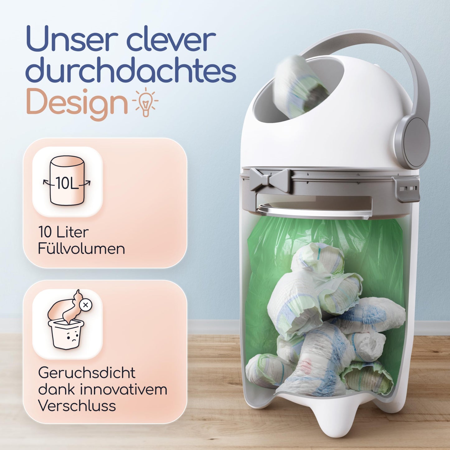 Levias® Windeleimer Baby Mülleimer Geruchsdicht | Windelmülleimer Geruchsdichter Wickeleimer ohne teure Nachfüllkassetten 10L Volumen