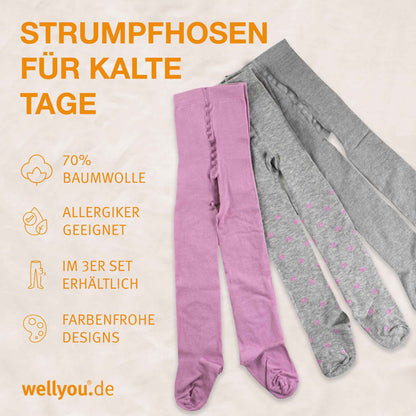 wellyou Children's Tights Girls & Boys - Set of 3 Baby Tights with Pattern - Colourful Cotton Tights Made of Oeko-Tex Certified Materials (Size 62-146)