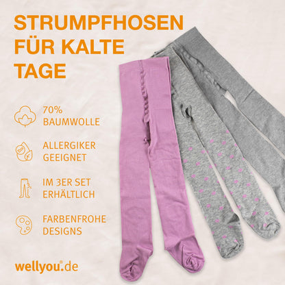 wellyou Children's Tights Girls & Boys - Set of 3 Baby Tights with Pattern - Colourful Cotton Tights Made of Oeko-Tex Certified Materials (Size 62-146)