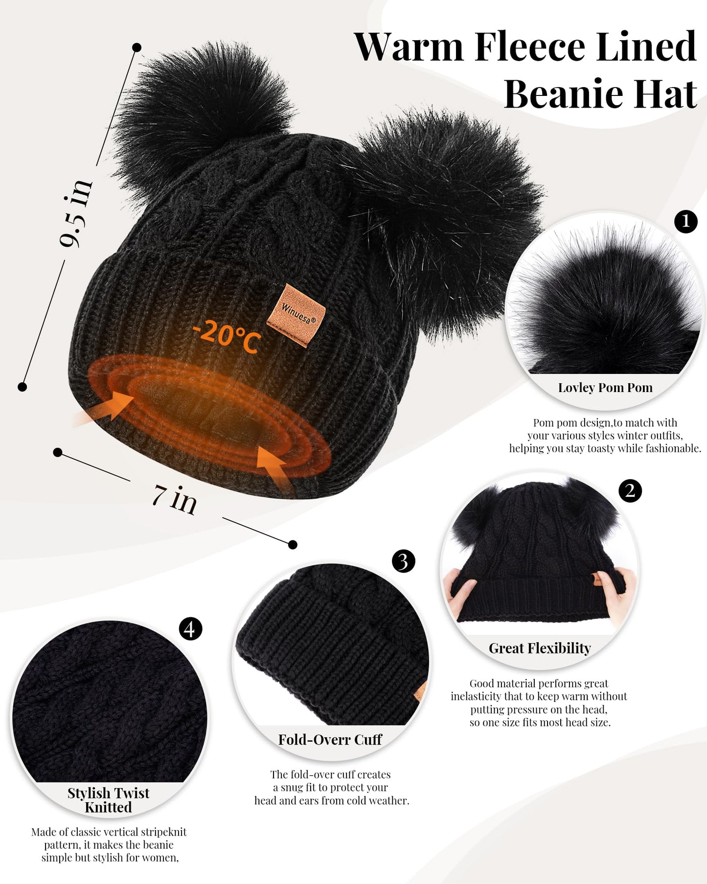 Winuesa Mütze, Schal & Handschuh-Sets für Damen, Beanie Mütze Damen Winter mit Bommel Fleece Gefütterte, Touchscreen Handschuhe Schal Cap 3 in 1 Set