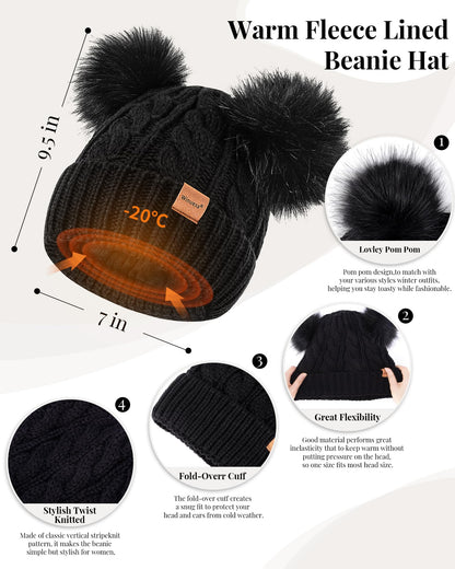 Winuesa Mütze, Schal & Handschuh-Sets für Damen, Beanie Mütze Damen Winter mit Bommel Fleece Gefütterte, Touchscreen Handschuhe Schal Cap 3 in 1 Set