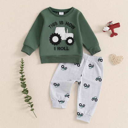 Baby Boys Soft Clothing Sets Toddler Cute Two Piece Outfit Long Sleeve Tractor Print Sweatshirt and Trousers Set Autumn Winter Jogging Suit