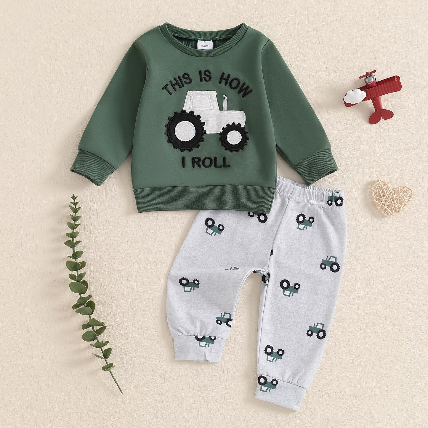 Baby Boys Soft Clothing Sets Toddler Cute Two Piece Outfit Long Sleeve Tractor Print Sweatshirt and Trousers Set Autumn Winter Jogging Suit 