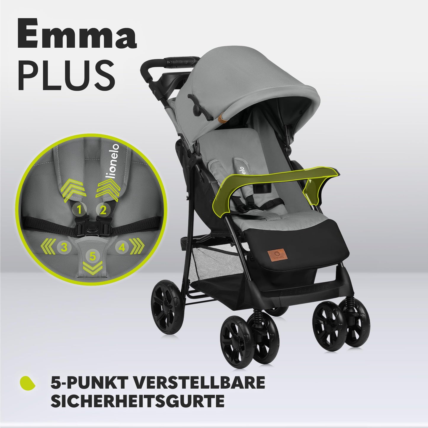 LIONELO Emma Plus Kinderwagen bis zu 15 kg, Kindersportwagen, leicht modern klein Buggy mit Liegeposition, zusammenklappbar, große Räder, großer Korb, Tasche Stone