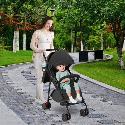 Buggy für Babys, ultraleicht, kompakt, faltbar und neigbar, von Geburt bis 25 kg, mit Trolley-System, Regenschutz inklusive, ausziehbarer Haube, C-schwarz