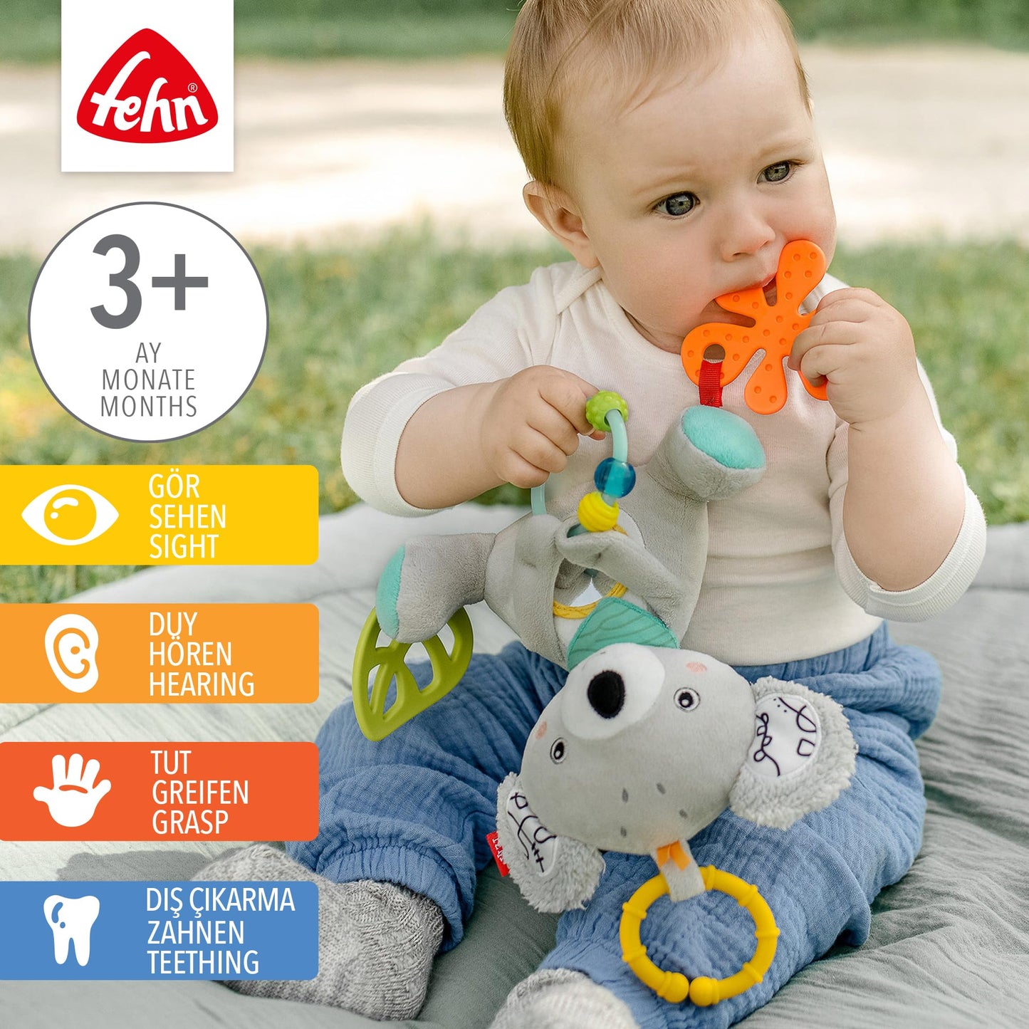 Fehn Activity-Spieltier Teddy – Baby Motorikspielzeug für Kinderwagen, Kinderbett und Babyschale zum Beißen, Greifen und Geräusche erzeugen – Beißring Spielzeug für Babys und Kinder ab 0+ Monaten