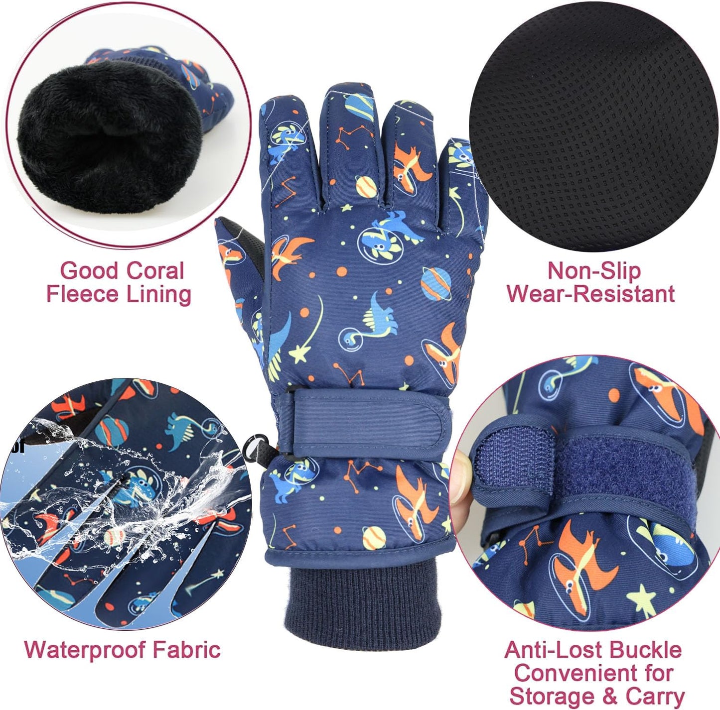 HNGEMSY Children's Winter Snow Gloves Ski Gloves for 2-13 Years Girls Boys PU Palm Waterproof Windproof Warm Fleece Winter Gloves