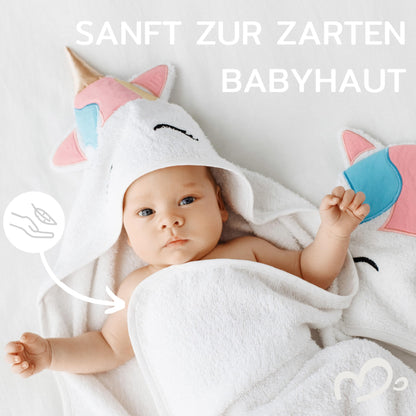 MIRARI Kids Babyhandtuch mit Kapuze und Waschlappen 100x100 cm – Handtuch Rentier aus 100% Baumwolle - REH Badetuch mit Kapuze - Geschenk Geburt - Baby Erstausstattung Neugeborenen Set