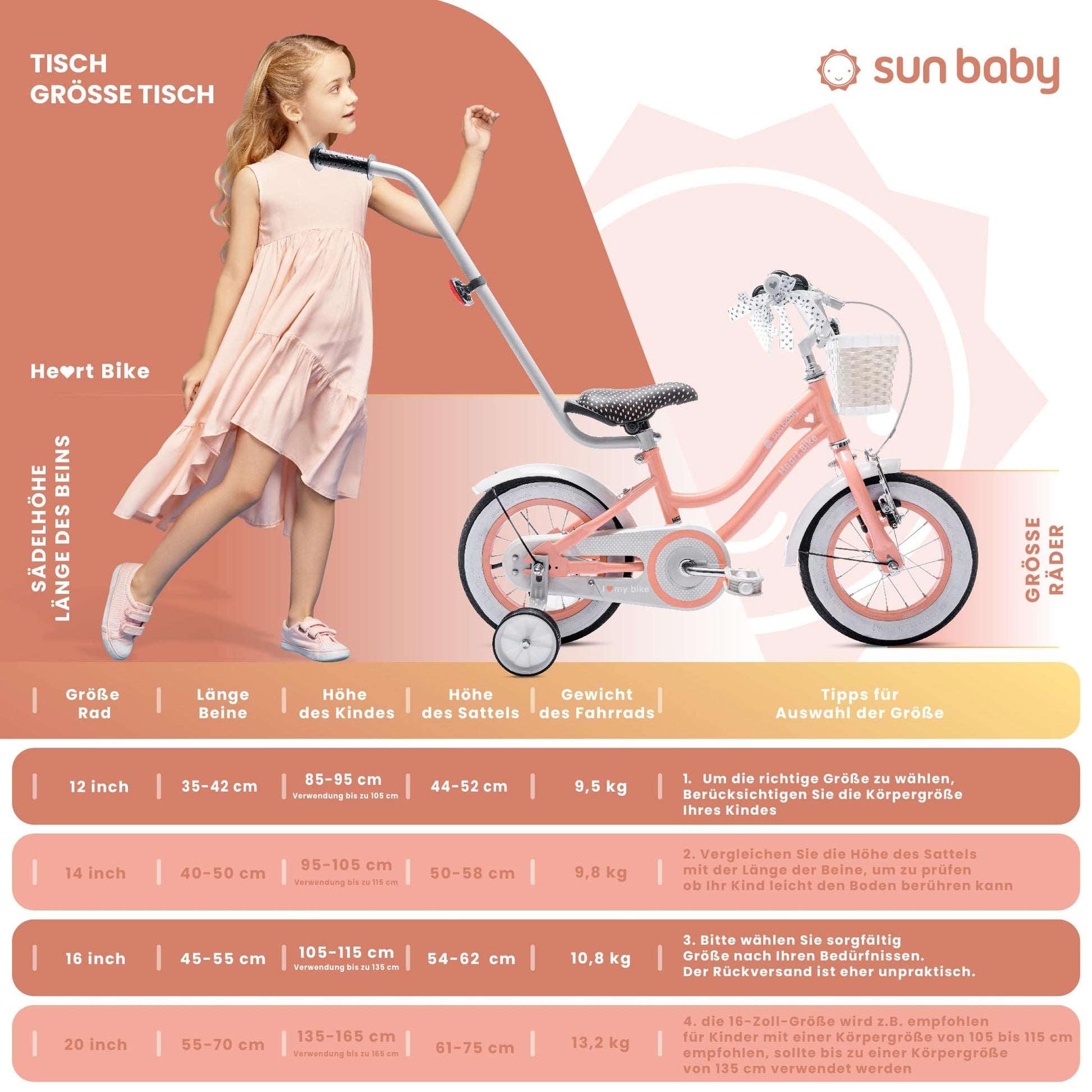 sun baby Mädchenfahrrad 12, 14 und 16 Zoll Radgröße Heart Bike zur Auswahl, mit Abnehmbarer Schubstange, Kinderfahrrad für Mädchen von 2 bis 6 Jahre - Meloni2
