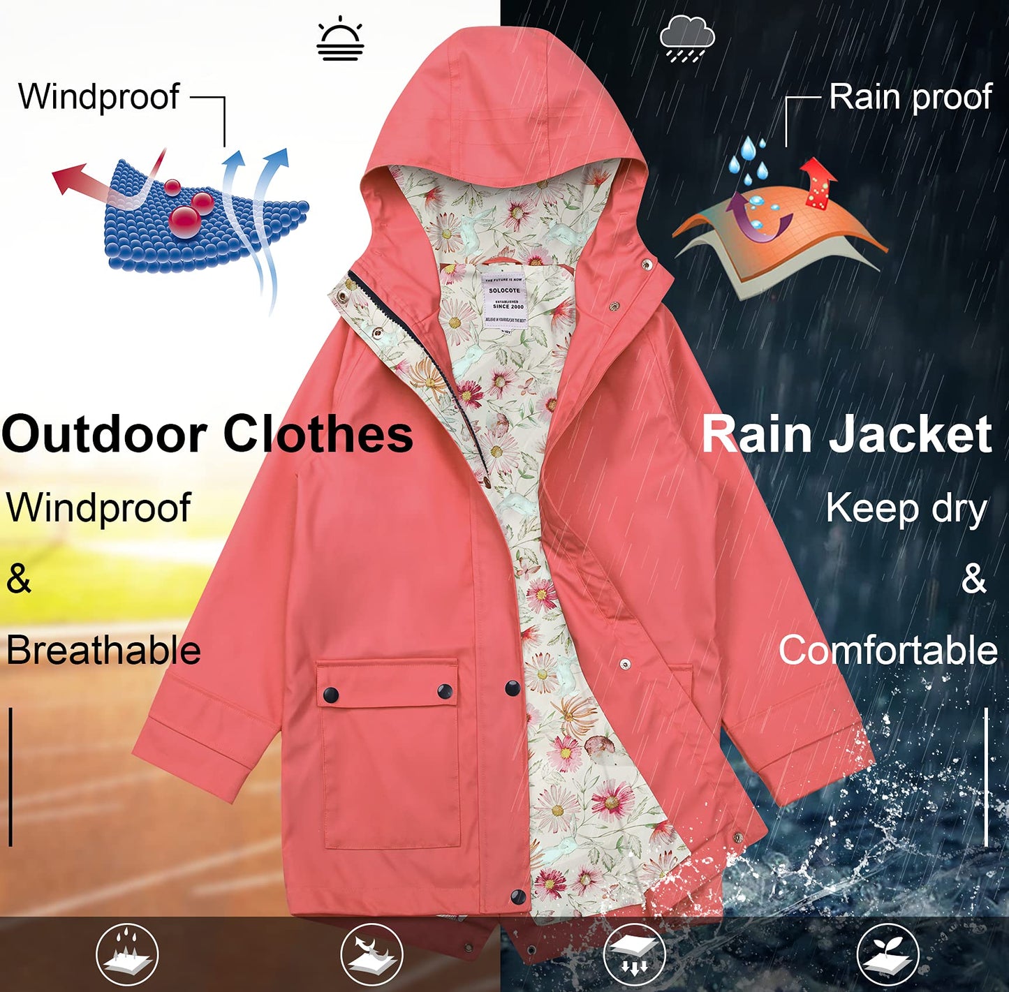 SOLOCOTE Kinder Regenjacke mit Kapuze gefüttert Gummi Regenmäntel für Mädchen Jungen Wasserdicht Winddicht Größe