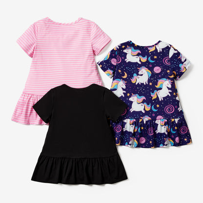 PATPAT Mädchen Kleid Set, Packung mit 3 Sommerkleider mit Kurzen Ärmeln und Rüschen in 3 verschiedenen Prints, Hochzeit Geburtstag Party Bankett Urlaub, Prinzessin Kleider für Mädchen 2-7 Jahre