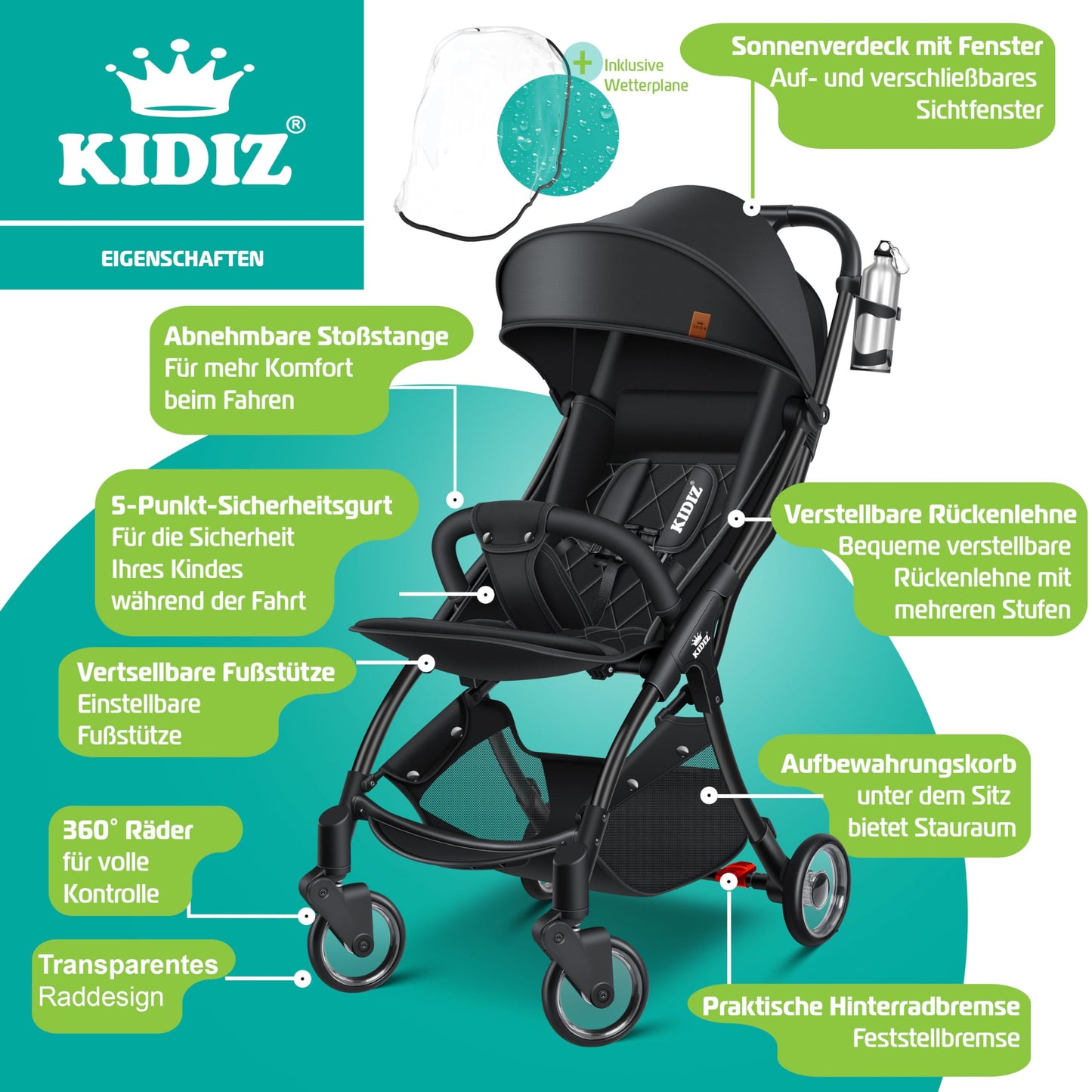 KIDIZ® Folding Pushchair, Sports Pram, 360° Wheels, 5-Point Harness, incl. Drinks Holder, Rain Cover, Adjustable Backrest and Sun Canopy, Red