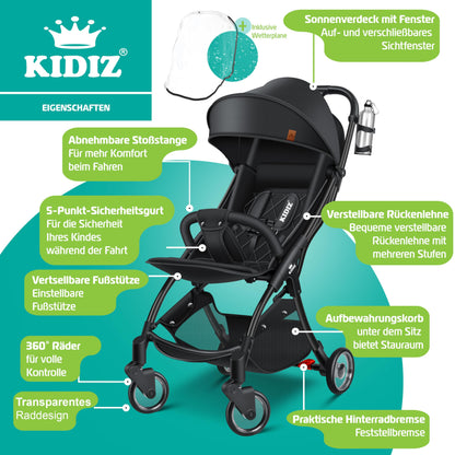 KIDIZ® Folding Pushchair, Sports Pram, 360° Wheels, 5-Point Harness, incl. Drinks Holder, Rain Cover, Adjustable Backrest and Sun Canopy, Red