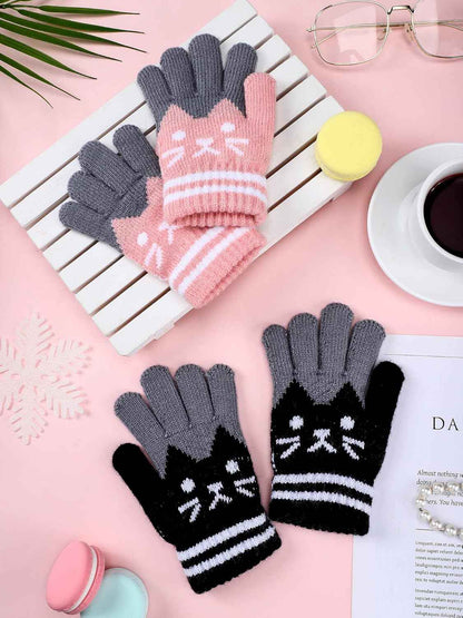 SATINIOR 2 Paar Winter Kinder Handschuhe Katze Fäustlinge Warme Gestrickte Handschuhe für 6-12 Jahre, Schwarz und Rosa