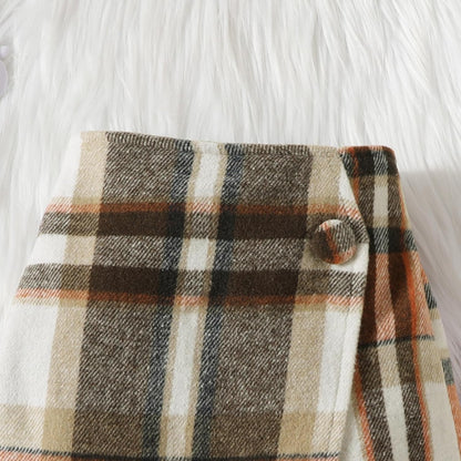 UUAISSO Kleinkind Baby Mädchen Kleidung Langarm Gerippte Oberteile Plaid Tweed Muster Rock Baskenmütze Herbst Knopf Outfits Sets