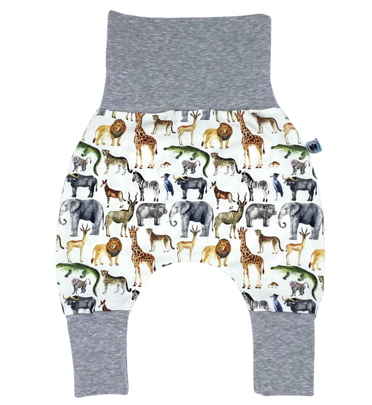Baby Baggy Trousers, Handmade Cotton Jersey Grow Trousers, Sizes 50-74, 68-86, 92-104, Wide Waistband (Wild Life, 50-74)