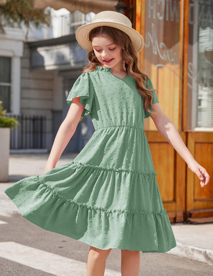 Arshiner Mädchen Kleid Festliches Rüschenärmel Sommerkleider V-Ausschnitt Partykleid Swiss Dot Stufenkleid Kinder A-Linie Swing Kinderkleid mit Tasche 3-12 Jahre