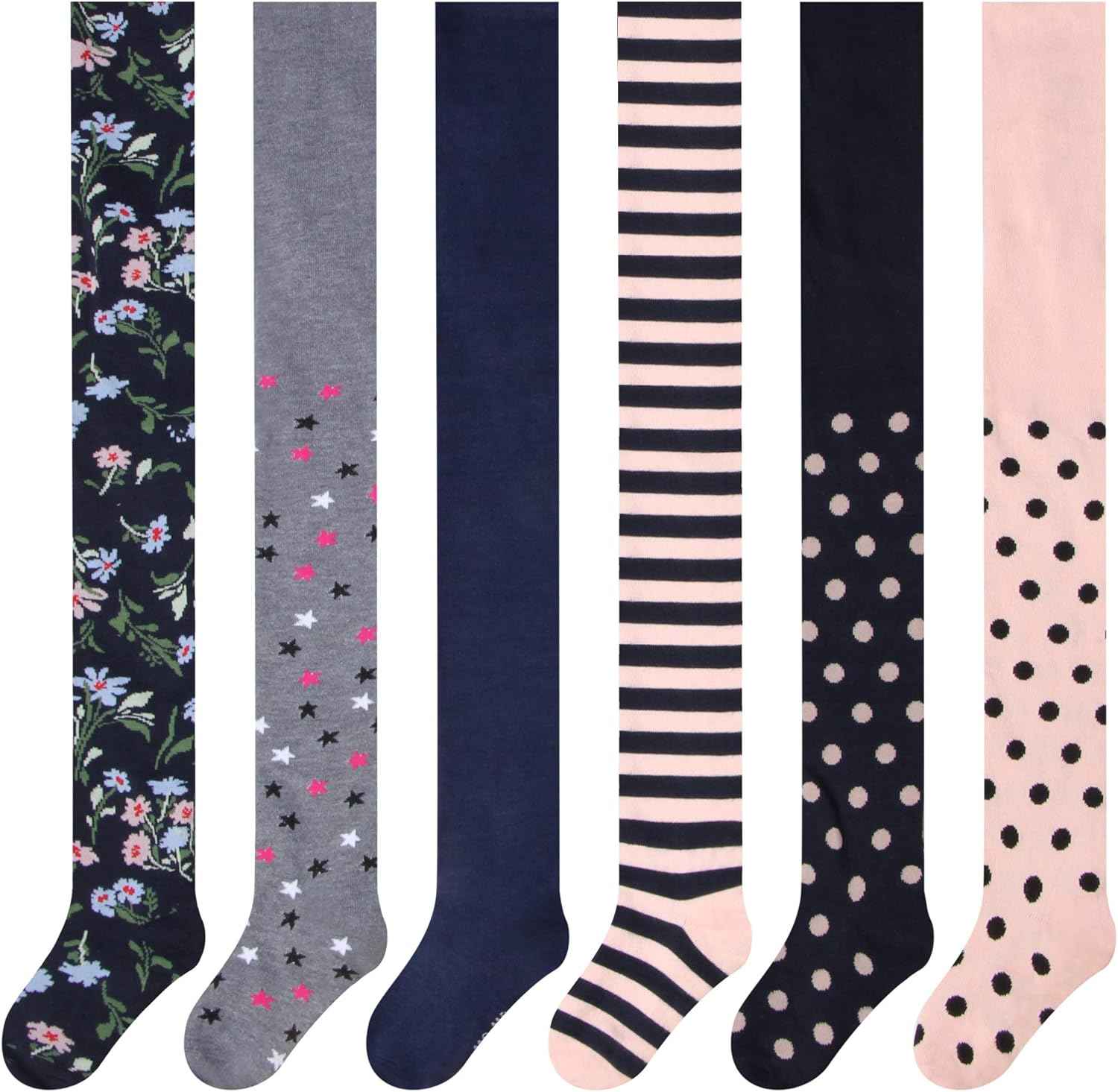 L&K-II 27257 Children's Tights, Girls' Tights, Baby Tights for Girls, Flowers, Dots, Stripes Pattern, Set of 6