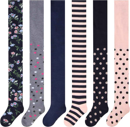 L&K-II 27257 Children's Tights, Girls' Tights, Baby Tights for Girls, Flowers, Dots, Stripes Pattern, Set of 6