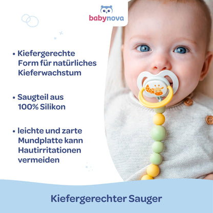 babynova Silikon Schnuller 2er-Set mit Sterilisationsbox - Schnuller Größe 1, 0-6 Monate - kiefergerechter Nuckel – BPA-frei – Made in Germany - Elefanten
