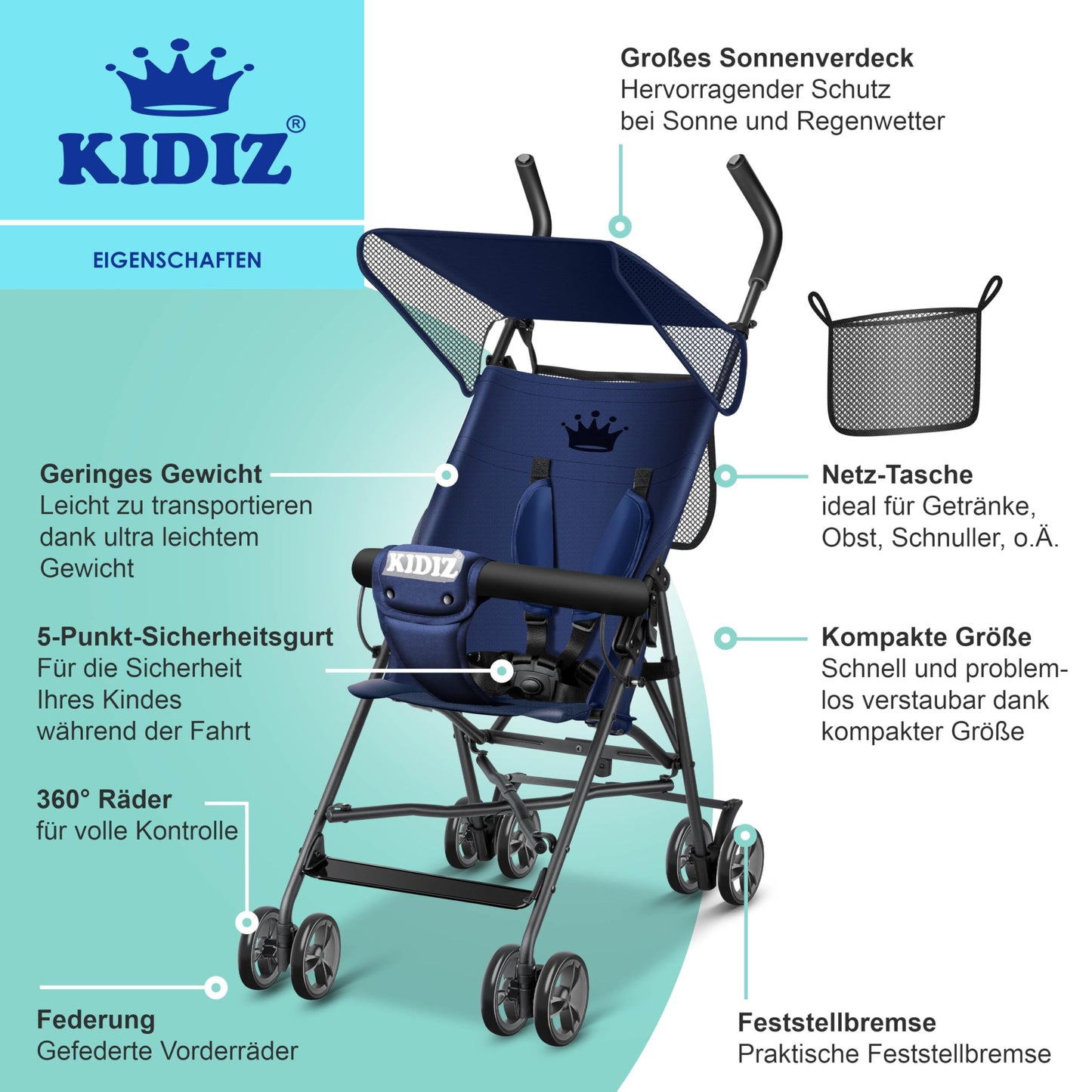 Kinderwagen CITY Buggy Kinderbuggy klappbar Sportwagen Faltbar 360° 4-Zoll-Räder Inkl. Sonnen- und Regenverdeck zusammenklappbar 5-Punkt-Sicherheitsgurt ab 6 Monate, Blau/Navy
