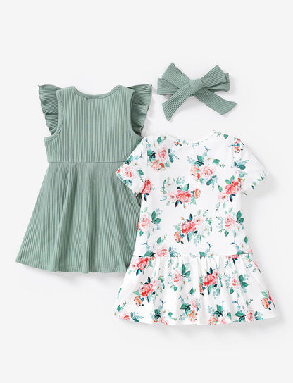 PATPAT Baby Mädchen Kleid Set, Packung mit 2 Süßes Sommerkleider Ärmellos Rüschen Prinzessin Kleider Kurze Ärmel, Kleinkind A-Linien-Kleid für Hochzeit Geburtstag Party Bankett Urlaub, 3-24 Monate