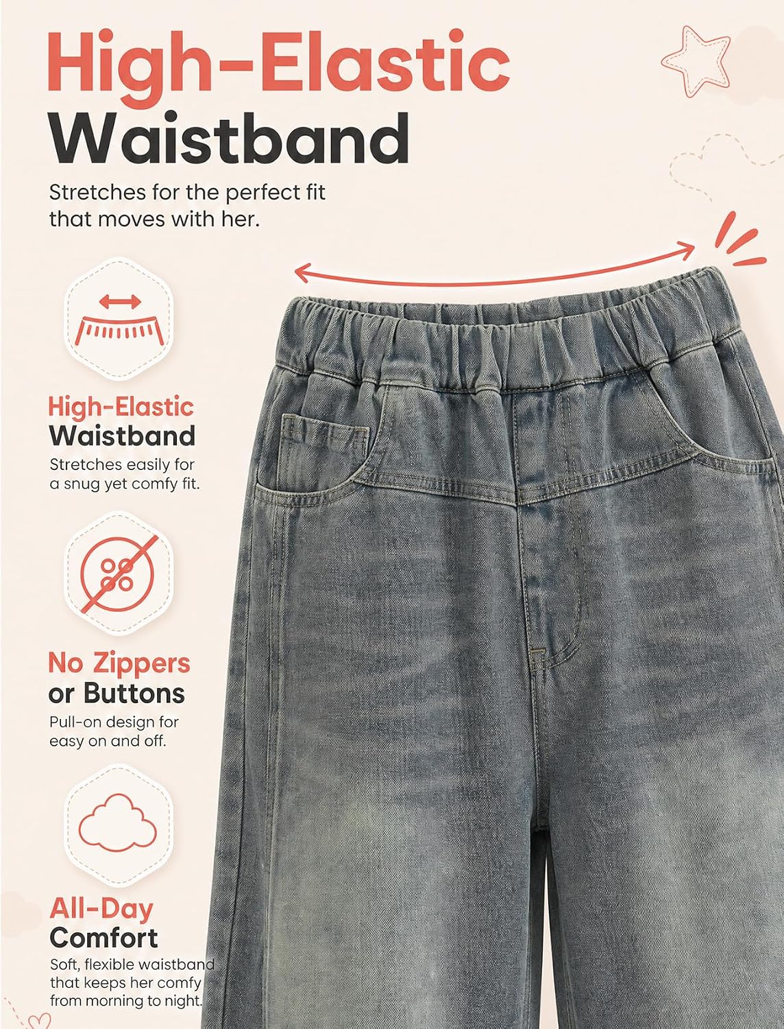 Baggy Jeans Jungen Weites Bein Gummibund Denim Jeanshosen Gr.120-170 | Baumwolle Lässige kinder Jeans Jungen Elastischer Freizeithose für 5-14 Jahren