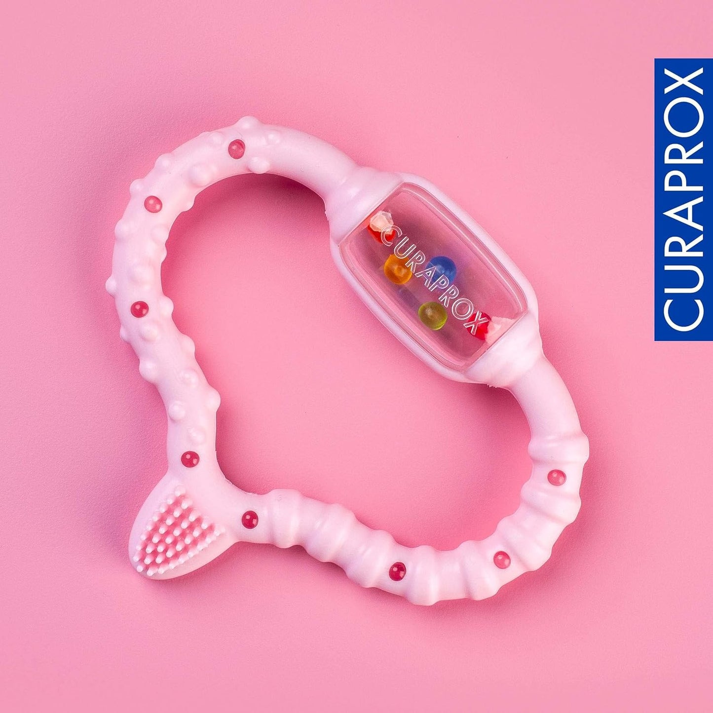 CURAPROX Baby Teether Pink Baby Teether with Rattle Baby Teether with Learning Toothbrush, Teether for Babies for Teething BPA-Free, Pink, 1 Piece