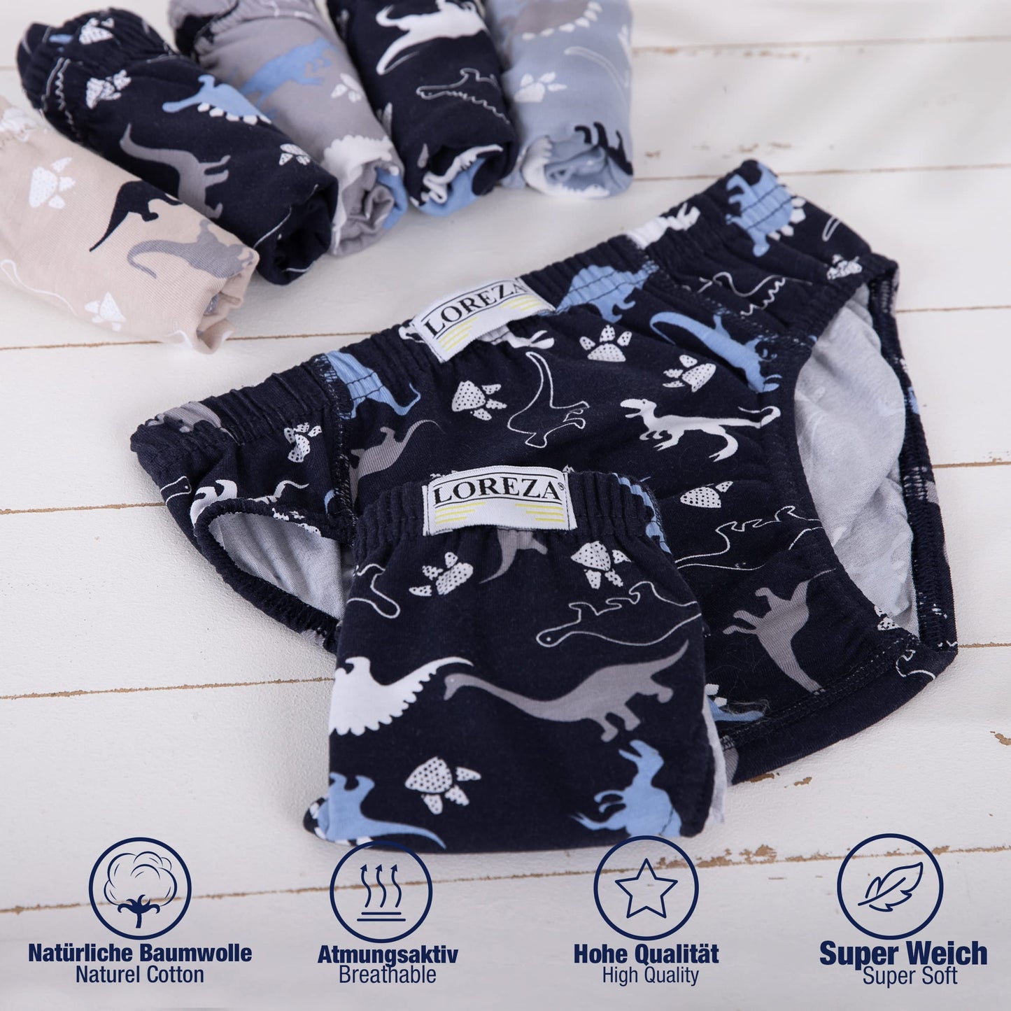 LOREZA ® 10er Pack Jungen Boxershorts Slips Dinosaurier Motiv Unterhosen Baumwolle