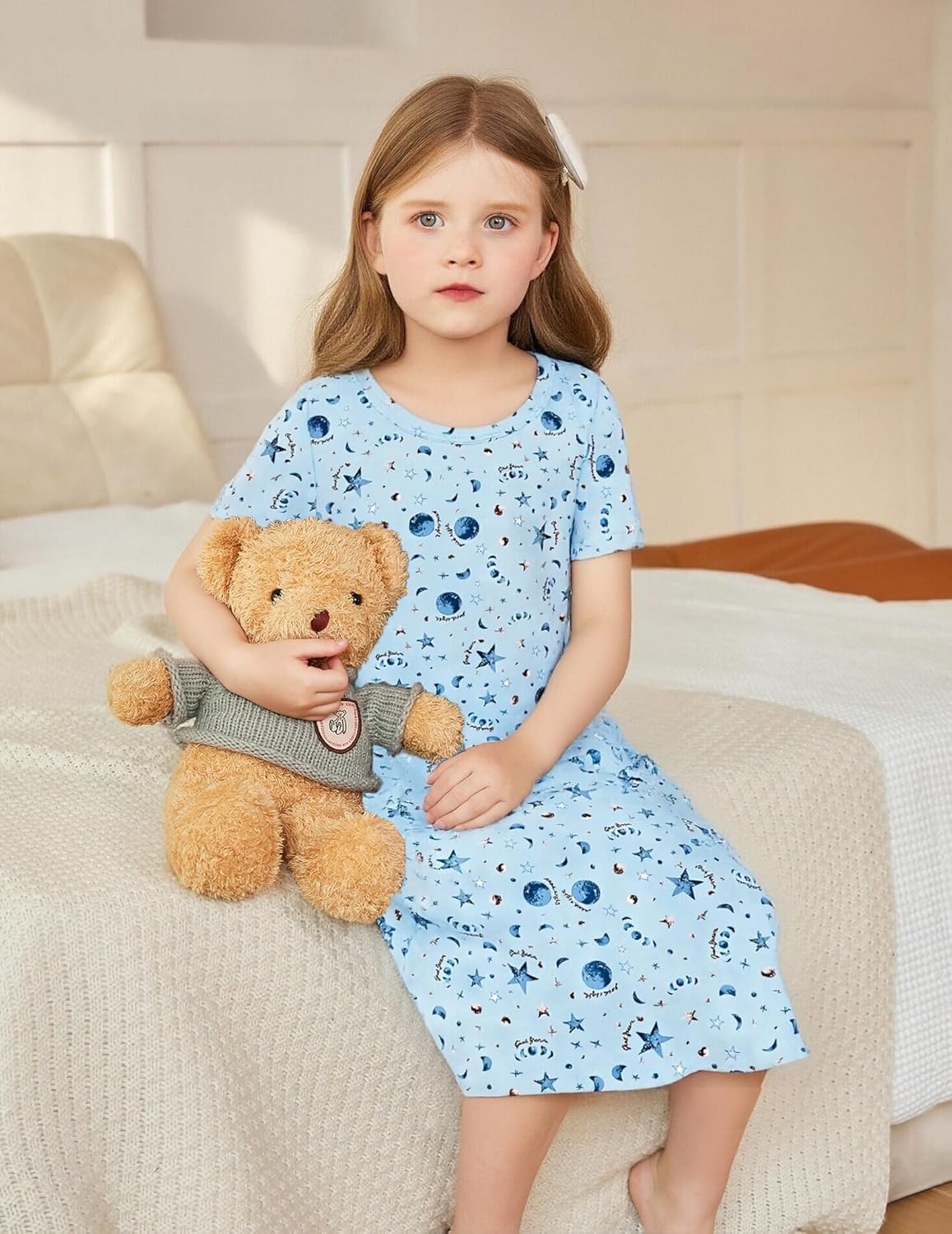 Arshiner Nachthemd Mädchen Kurzarm Pyjamas Kinder Schlafkleid Katze Einhorn Rundhals Nachtkleid 4-12 Jahre