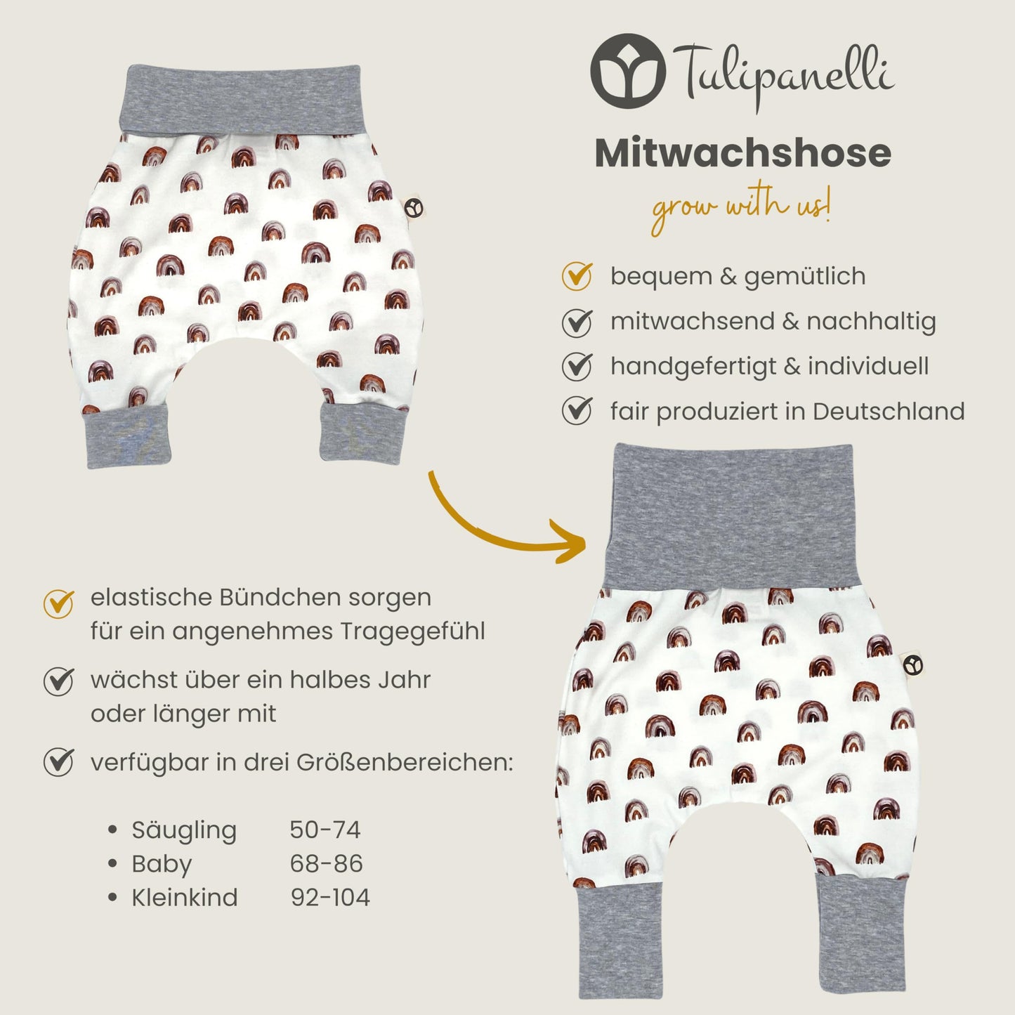 Growing Baby Baggy Trousers Made of Cotton Jersey - Handmade Growing Trousers Baby Trousers for Boys - Sizes 50-74 | 68-86 | 92-104 (Mini Rainbow Brown, 50-74)