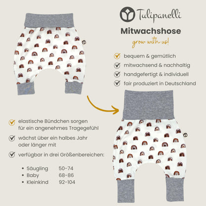 Growing Baby Baggy Trousers Made of Cotton Jersey - Handmade Growing Trousers Baby Trousers for Boys - Sizes 50-74 | 68-86 | 92-104 (Mini Rainbow Brown, 50-74)