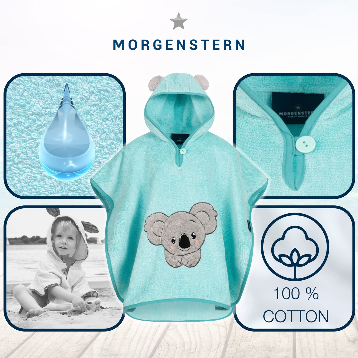 Morgenstern Bath Poncho Children's Baby Girls Boys 100% Cotton Oeko-Tex Baby Bath Towel Hooded Towel Bathrobe Terry Cloth