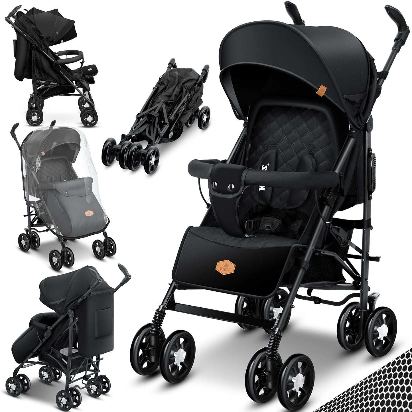 KIDIZ® City-Pro Pushchair Folding Pushchair Pushchair Sports Pushchair Foldable 360° 6 Inch Wheels Includes Mosquito Net, Footmuff and Rain Cover Foldable Sleep Function Blue 