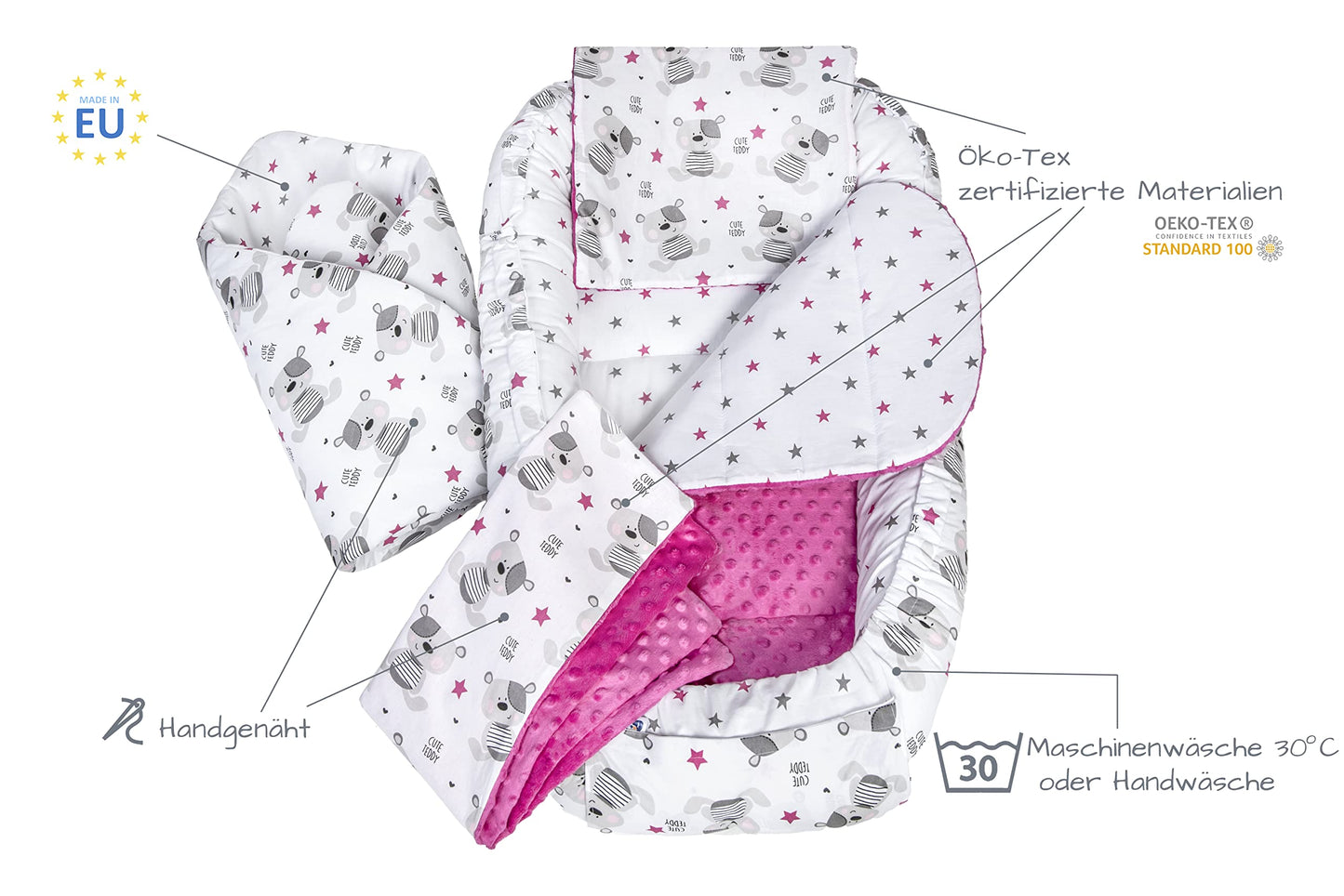 Medi Partners Babynestchen Babynest Set 100x60x15 Kuschelnest 5 teilig herausnehmbarer Einsatz Kokon Nestchen Babys Neugeborene 100% Baumwolle (REH mit Grauem Minky)