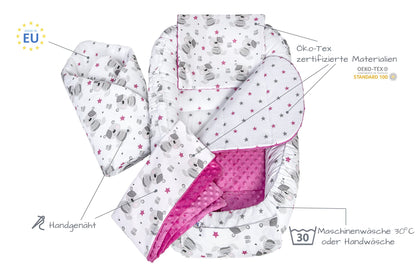 Medi Partners Babynestchen Babynest Set 100x60x15 Kuschelnest 5 teilig herausnehmbarer Einsatz Kokon Nestchen Babys Neugeborene 100% Baumwolle (REH mit Grauem Minky)