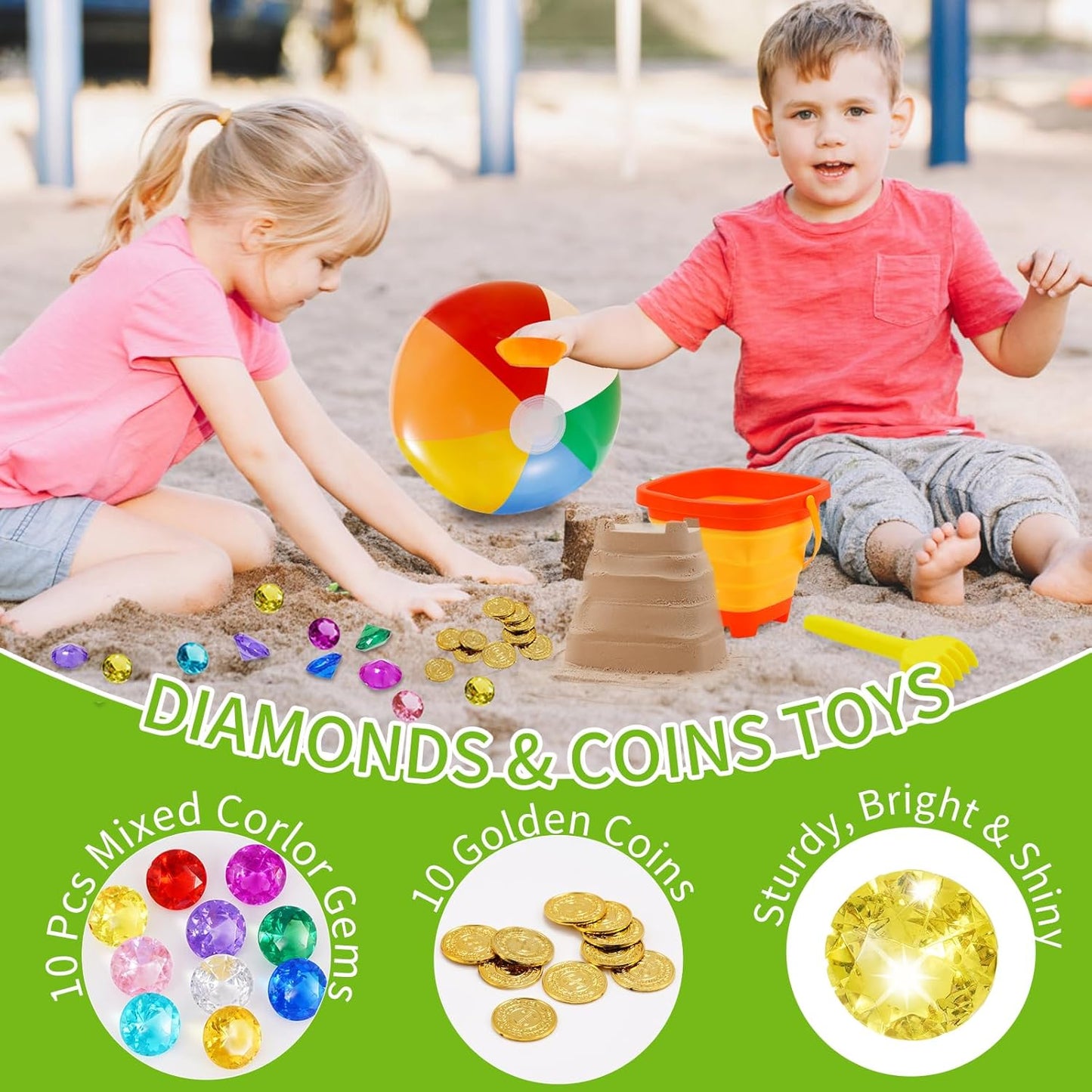 Echehi Sand Toy Set for Boys Girls 30 Pieces, Sandpit Toy Beach Toy with Folding Bucket, 16 Inch Water Ball, Monster Truck, Gemstones, Summer Toy for Indoor and Outdoor Use